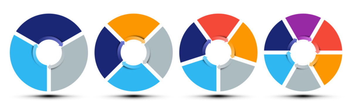 Pie chart cycle infographic business template. Segmented round diagrams for data visualization, workflow process presentation, piechart layout, step options, graphic elements collection