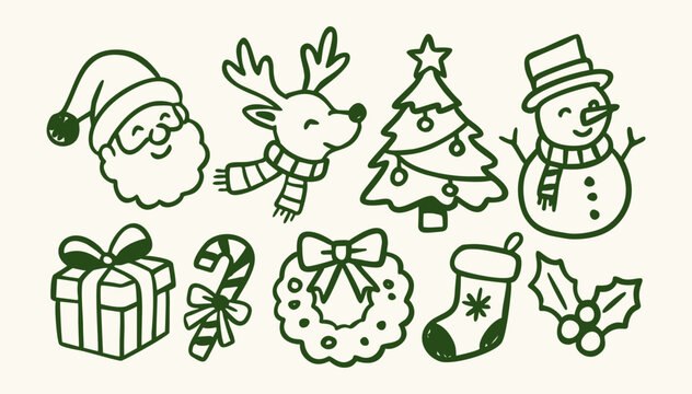 Hand drawn Christmas doodle set with festive holiday elements and playful vintage style vector illustration