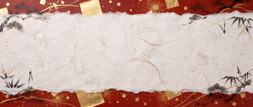 Japanese background with torn washi paper, gold leaf accents, and sumi-e bamboo motifs on red lacquer, providing horizontal copy space for Asian New Year cards and cultural headers