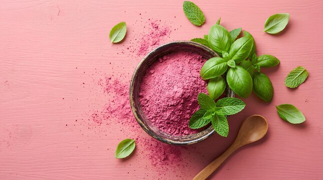 Pink pitaya powder in ceramic bowl with fresh mint and basil leaves on pink wooden background