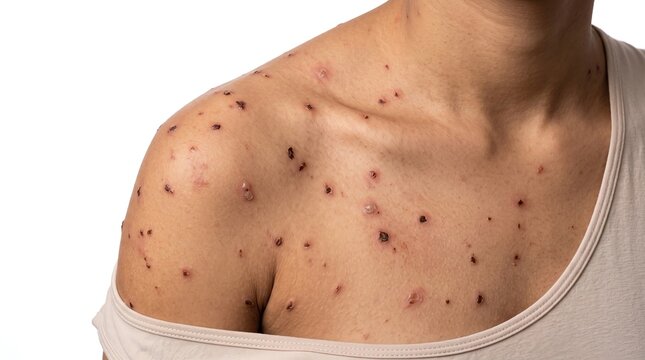 Patient shoulder covered in red infectious blisters and scabs indicating chickenpox or monkeypox