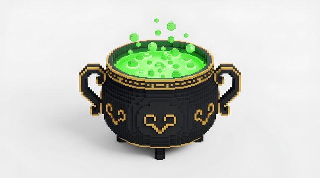 Pixel art 3D isometric witches cauldron with bubbling green potion on white background.