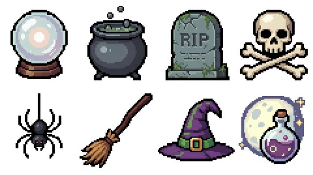 Pixel art Halloween asset set with cauldron and witch items.