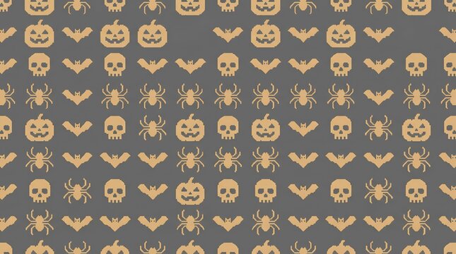 Pixel art Halloween pattern with pumpkins skulls bats and spiders on dark background