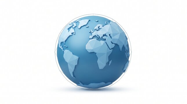 Stylized blue 3D low poly planet earth globe isolated on white background representing global communication
