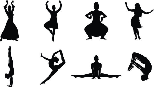 Dance and Gymnastics Silhouettes - Vector icon set featuring cultural dancers, ballet, acrobatics, and rhythmic gymnastics poses isolated on white background