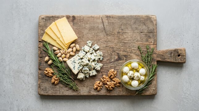 Assorted cheese platter with walnuts and crackers on a rustic wooden cutting board viewed from above