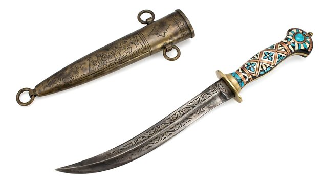 Traditional dagger with ornate handle and matching sheath.