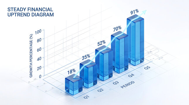 Bar chart diagram illustrating steady financial uptrend with 91% growth featuring analytics, data