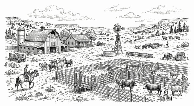 a sketch of a unique cattle ranch scene 
