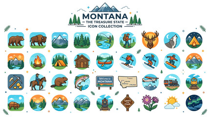Fototapeta premium Montana The Treasure State Icon Collection featuring iconic symbols and elements of nature, wildlife, and activities