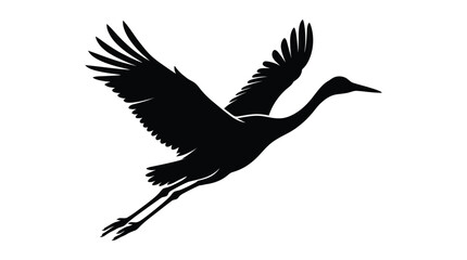 Obraz premium Black silhouette of a flying crane with outstretched wings against white