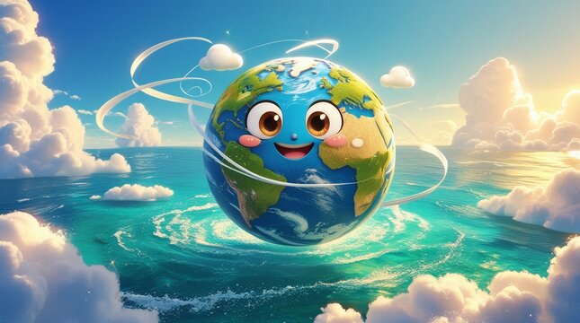 Smiling cartoon Earth floats on bright blue ocean waves under a clear sky. Swirling white clouds or wind wrap around planet. Nature, climate, travel, and fun.