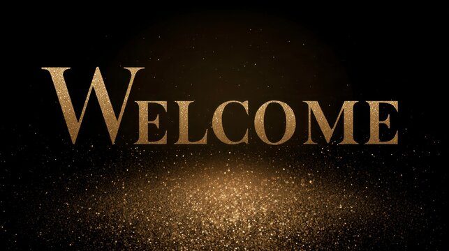 Welcome text written in gold glitter font on a luxurious black background with sparkling golden bokeh lights.