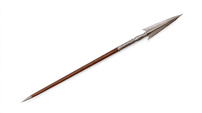 Medieval Ornate Spear with Silver Tip and Wooden Shaft Isolated on White Background