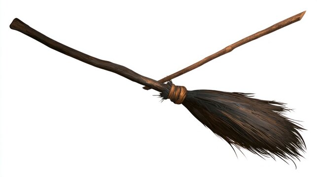 Vintage wooden witch broomstick and magic staff isolated on white background