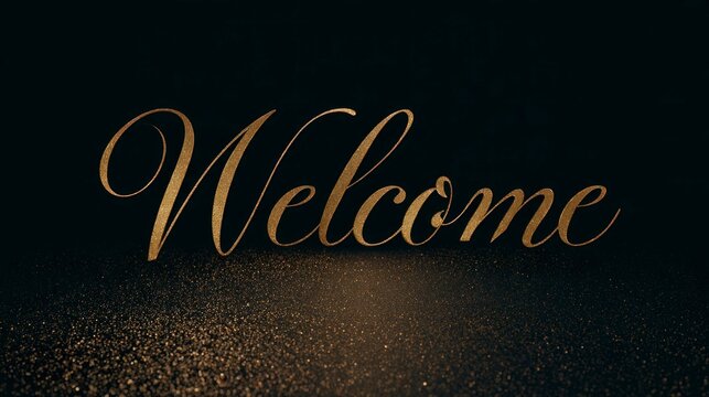 Luxury Golden Welcome Text in Elegant Calligraphy Script on a Dark Glittery Background