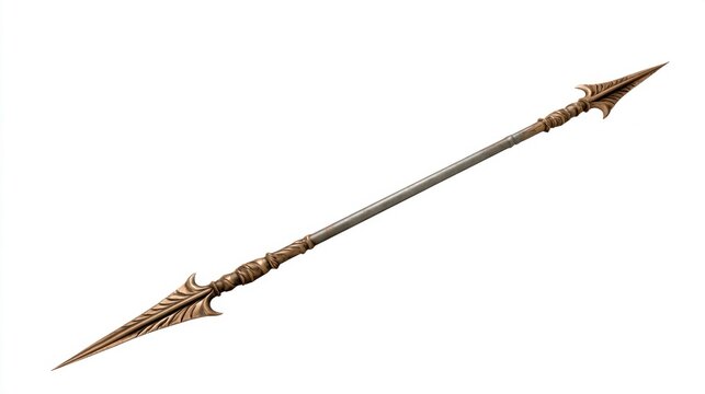 Ornate double-headed fantasy spear with bronze finish isolated on a white background