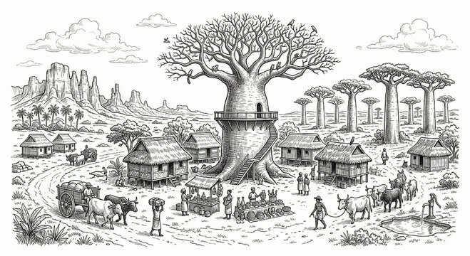 a sketch of madagascar scene with baobab view 
