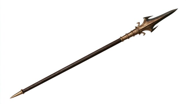 Ornate fantasy spear with bronze metal tip and spiked blade isolated on white background