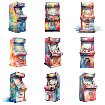 Watercolor set of vibrant vintage arcade game machines against black backdrop
