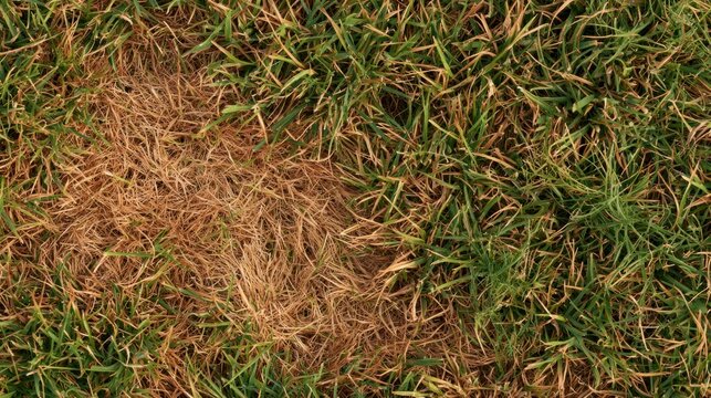 Dry brown patch of grass in a green lawn, indicating drought or lawn disease