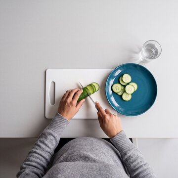 Pregnant woman slicing cucumber on a cutting board from above