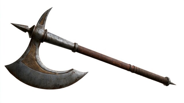 Medieval Battle Axe with Engraved Blade and Spikes, Ancient Warrior Weapon Isolated on White Background