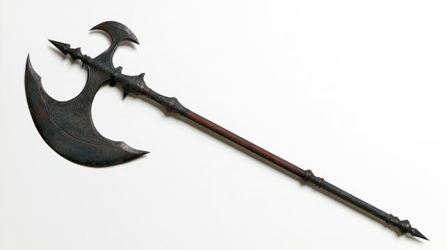 Antique Ornate Double-Headed Fantasy Battle Axe with Carved Wooden Handle Isolated on a White Background