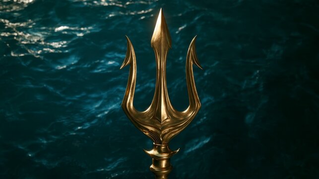 Golden trident of Poseidon emerging from the deep dark ocean waves, symbol of power and sea mythology