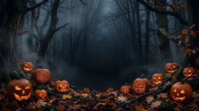 Samhain Celtic seasonal banner background with autumn forest pumpkins and atmospheric copy space