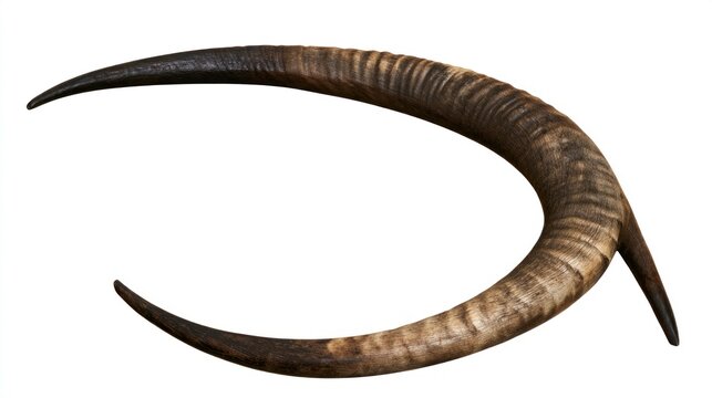 Single curved animal horn with textured ridges isolated on white background