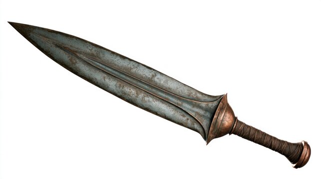 Ancient Roman or Greek Style Short Sword with Weathered Iron Blade and Bronze Hilt Isolated on White