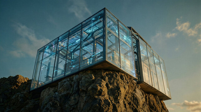 Glass box house with glowing holographic projection materializing on a rocky cliff edge against a cloudy sky