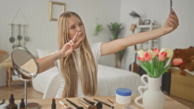 Young woman posing for selfie with smartphone, hand under chin and peace sign, vanity mirror and skincare jars on table in studio; playful confidence.