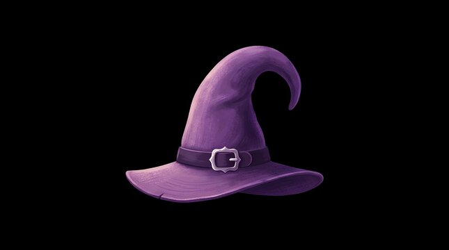 Purple witch hat with silver buckle isolated on solid black background for Halloween design.