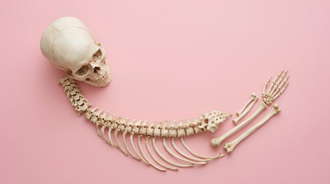 Real human skull and spinal column with hand bones on a pastel pink background.