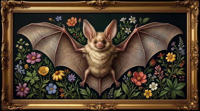 Realistic bat illustration with spread wings and colorful flowers in ornate golden frame.