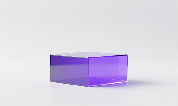 sleek futuristic transparent glass podium vibrant purple geometric patterned background lit soft diffused studio lighting