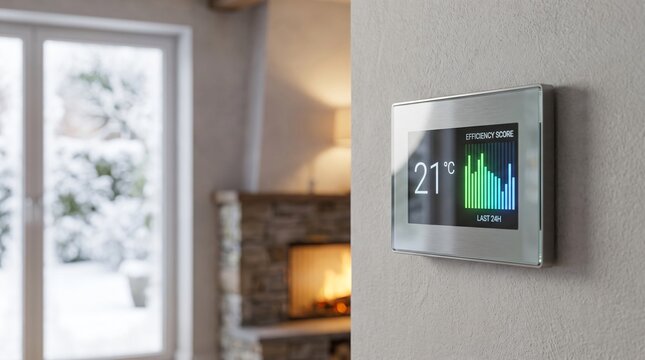 Modern smart home thermostat display on wall controlling temperature in cozy living room with fireplace during winter season