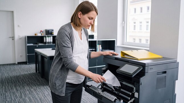 Employee clearing paper jam from office printer