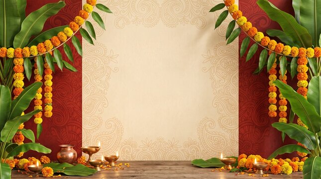 Maha Saptami festival background with banana leaves, marigold garlands and traditional Bengali decorations