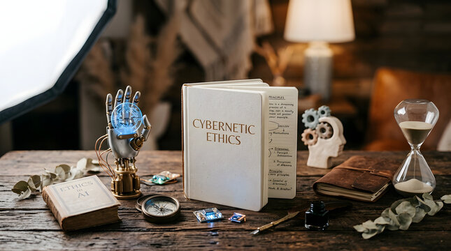 Artificial intelligence ethics and cybernetic principles explored with a robotic hand and vintage books on a desk.