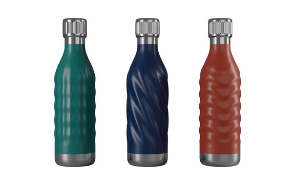 Three stainless steel water bottles in teal navy and red 3D render