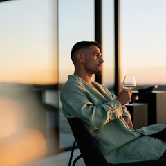 Fototapeta premium Man relaxing with a wine glass on a glass balcony at sunset for lifestyle relaxation background and beverage poster for serene evening moments