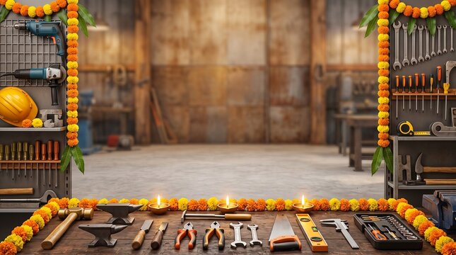 Ayudha Puja industrial festival background with decorated tools, marigold flowers and clean copy space