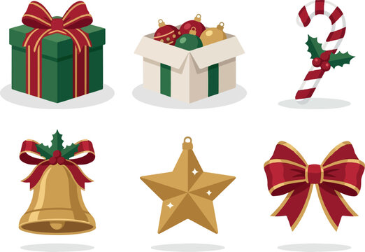 Christmas Icons Set with Gift Boxes, Ribbons, Bows, Bells and Holiday Decorations, Festive Winter Vector Illustration for Christmas and New Year Design
