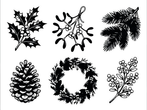 Set of Black Vector Trees with Floral Branches, Leaves and Ornamental Nature Elements for Decorative Pattern, Tattoo, Silhouette and Botanical Design