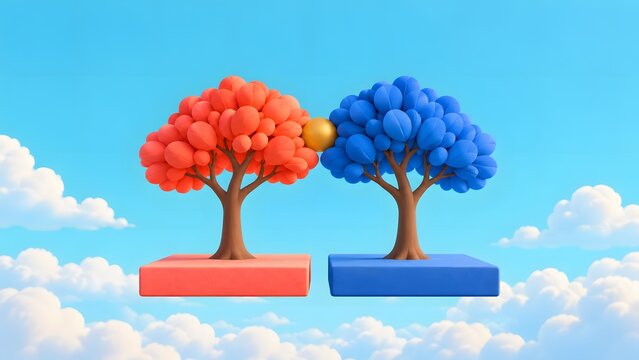 Red and blue trees meeting around a golden sphere
