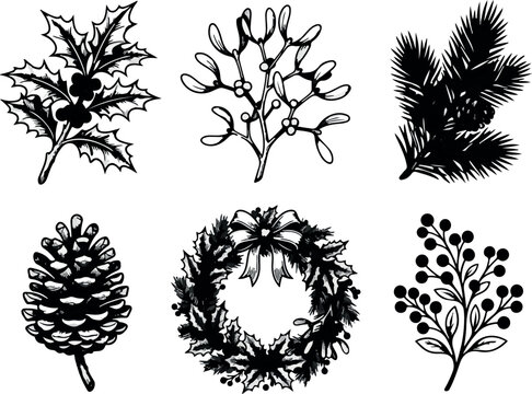 Black Tree Silhouettes Set with Floral Branches and Nature Elements, Botanical Vector Illustration for Decorative Design, Tattoo, Pattern, Ornament and Vintage Artwork